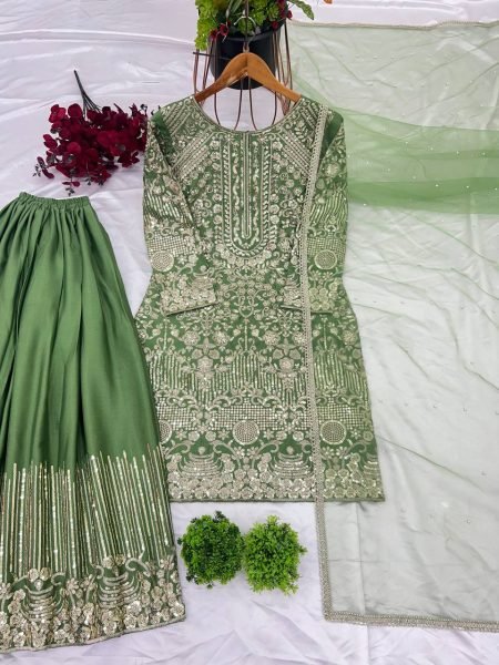 Premium Fully Stitched Women’s Chinnon Silk Suit Set with Embroidery Sequence, Moti Detailing, and Heavy Net Dupatta Ready To Wear Collection