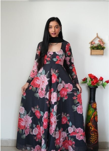 Premium Georgette Flower Printed Gown With Dupatta Ready To Wear Collection