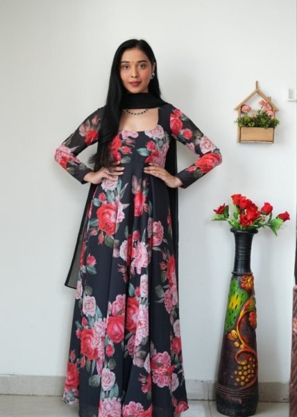 Premium Georgette Flower Printed Gown With Dupatta Ready To Wear Collection