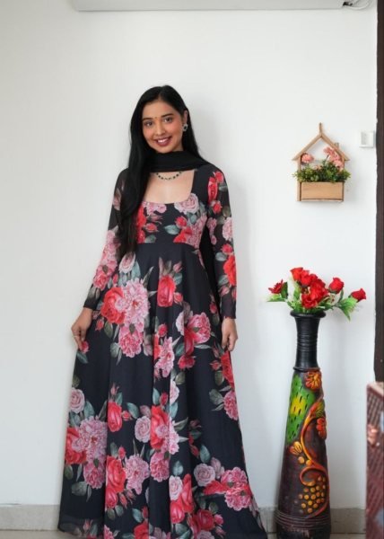 Premium Georgette Flower Printed Gown With Dupatta Ready To Wear Collection