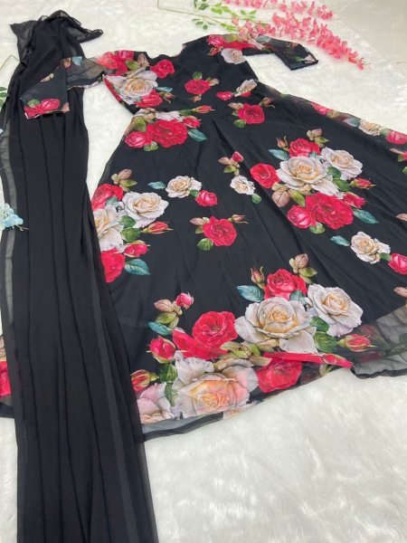 Premium Georgette Flower Printed Gown With Dupatta Ready To Wear Collection