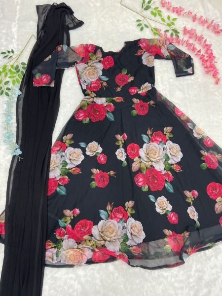 Premium Georgette Flower Printed Gown With Dupatta Ready To Wear Collection