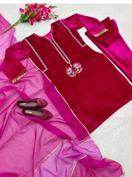 premium  Heavy Pure Velvet Three Set Suit  3 Piece Kurti Set