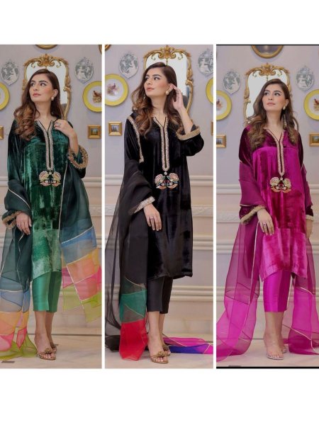 premium  Heavy Pure Velvet Three Set Suit  3 Piece Kurti Set