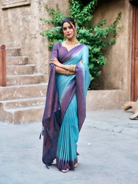 Premium Kubera Pattu Silk Saree with Rich Handwoven Pallu Pure Double Color Hand Dyed Elegance for Weddings 