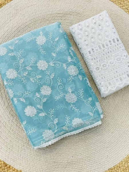 Premium Light Blue Jimmy Chu Chikankari Saree Chikankari Sarees Wholesale
