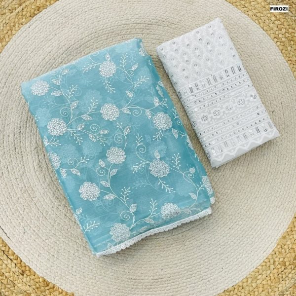 Premium Light Blue Jimmy Chu Chikankari Saree Chikankari Sarees Wholesale