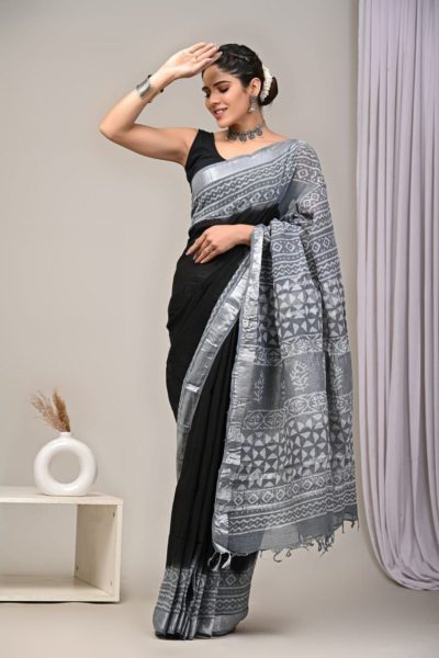 Premium Linen Cotton Saree With Digital Print Linen Sarees Wholesale