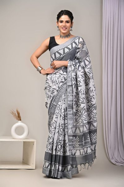 Premium Linen Cotton Saree With Digital Print Linen Sarees Wholesale