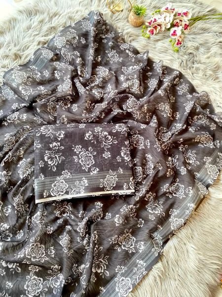  Premium Linen Flower Digital Printed Saree  Linen Sarees Wholesale