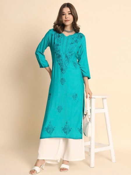 Premium  Lucknowi chickenkari work Kurti with plaza pair Lucknowi Chikankari Kurtis Wholesale