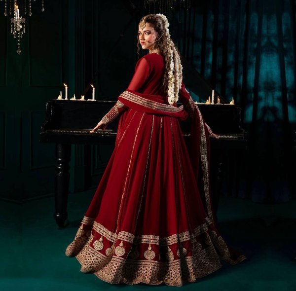 Premium Maroon Georgette Gown with Sequins Work and Dupatta Bridal Collection Ready To Wear Collection