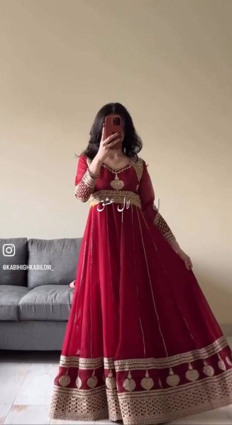 Premium Maroon Georgette Gown with Sequins Work and Dupatta Bridal Collection Ready To Wear Collection