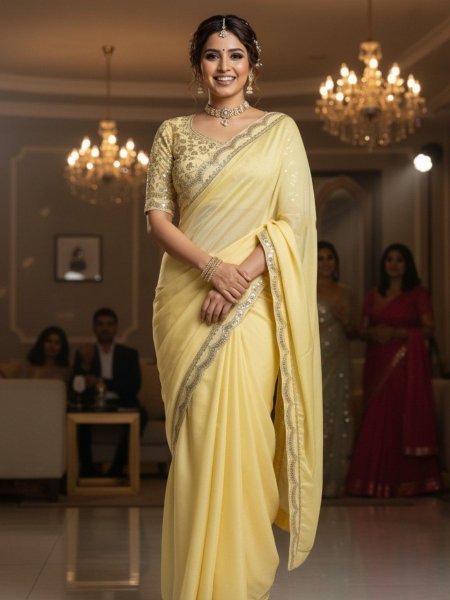 Premium Moss Chiffon Saree with Sequins Lace Border and Banglory Silk Blouse Sarees 