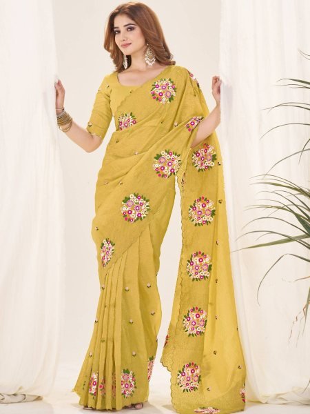 Premium Mustard Yellow Gold Crush Saree with Diamond Silk Blouse Sarees 