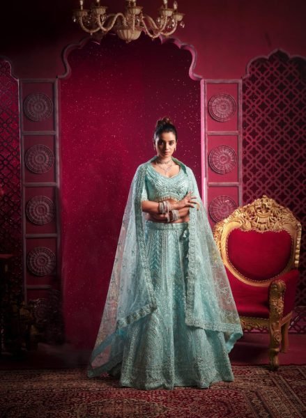 Premium Net Mirror Handwork Bridal Lehenga Choli with Zarkan Sequence Cording Detail 
