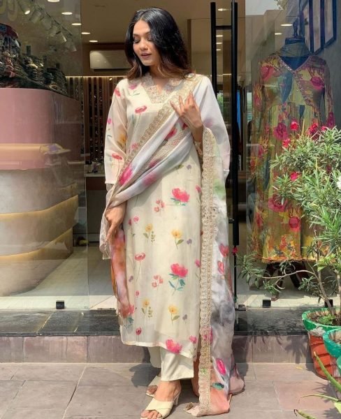 Premium Organza Kurti Pant With Dupatta With Embroidery Work  3 Piece Kurti Set