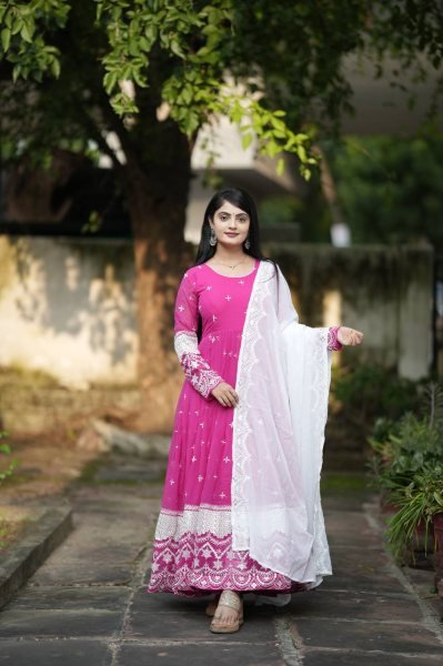 Premium Pink Readymade Anarkali Suit Set 3 Piece Womens Wear from Surat Wholesaler in Surat Anarkali Kurtis 