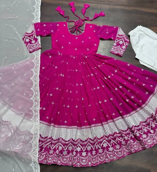 Premium Pink Readymade Anarkali Suit Set 3 Piece Womens Wear from Surat Wholesaler in Surat Anarkali Kurtis 