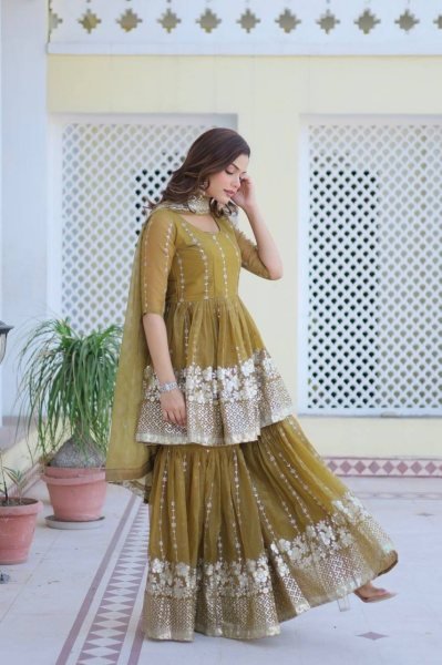 Premium Pure Shimmer Fabric Top   Sharara Suit with Dupatta At Wholesale Price Sharara Set