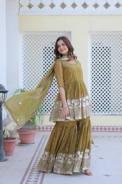 Premium Pure Shimmer Fabric Top   Sharara Suit with Dupatta At Wholesale Price Sharara Set