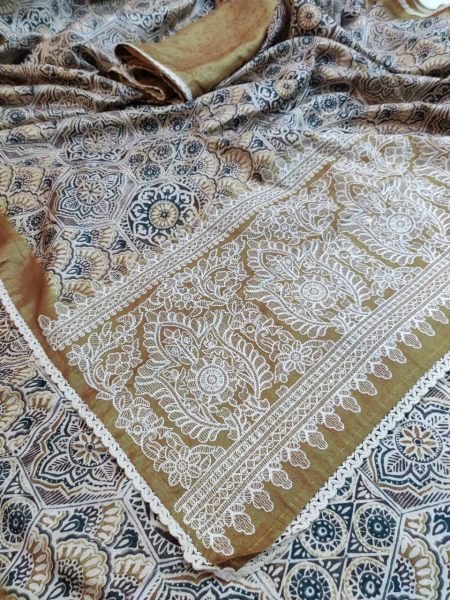 Premium Pure Tusser Saree with Chikankari Embroidery & Digital Print Chikankari Sarees Wholesale