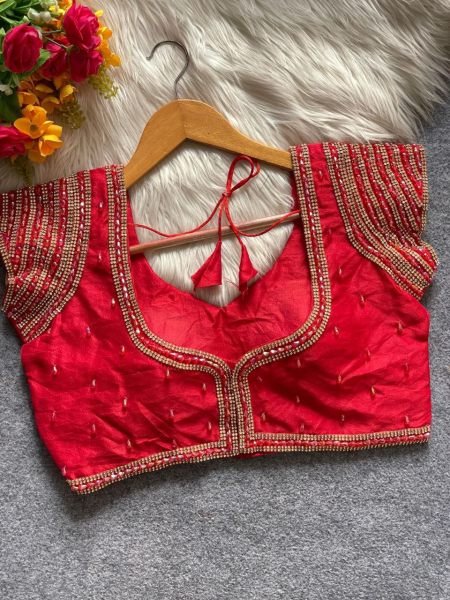Premium Red Silk Blouse with Heavy Pearl Handwork Party Ready Glam Look Blouse Collection