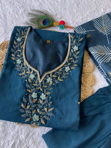 Premium Roman Silk Dark Peacock Color Kurti Pant With Dupatta  3 Piece Kurti Set