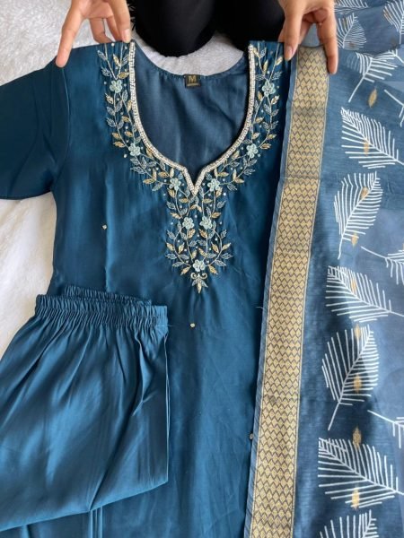 Premium Roman Silk Dark Peacock Color Kurti Pant With Dupatta  3 Piece Kurti Set