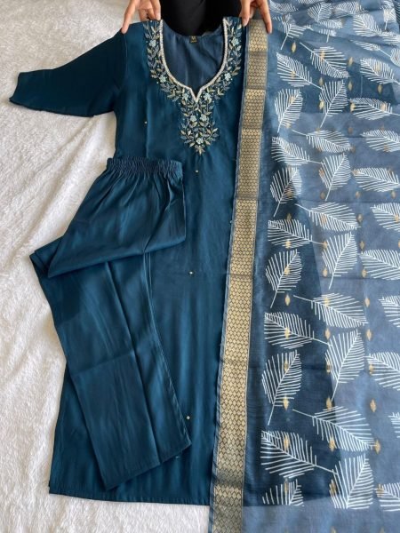 Premium Roman Silk Dark Peacock Color Kurti Pant With Dupatta  3 Piece Kurti Set