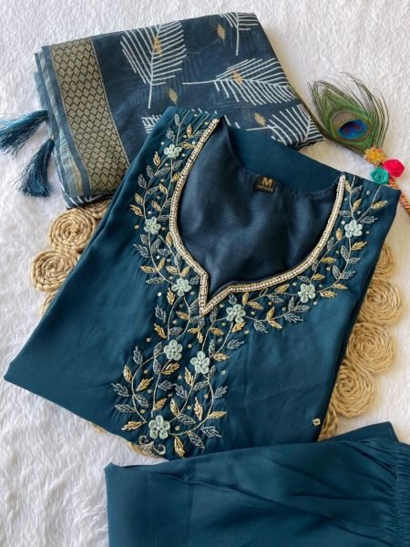 Premium Roman Silk Dark Peacock Color Kurti Pant With Dupatta  3 Piece Kurti Set