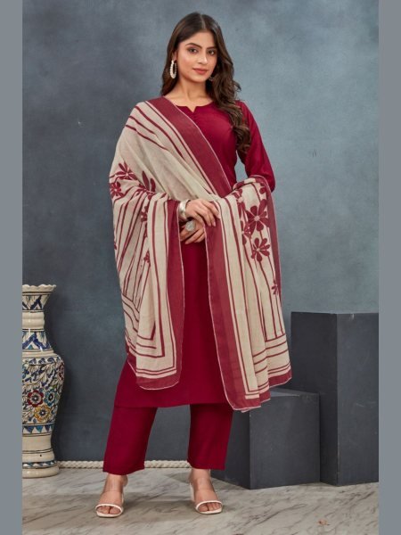 Premium Roman Silk Kurti Set Maroon Straight Kurta with Pant  Dupatta 3 Piece Suit Manufacturer Rate 