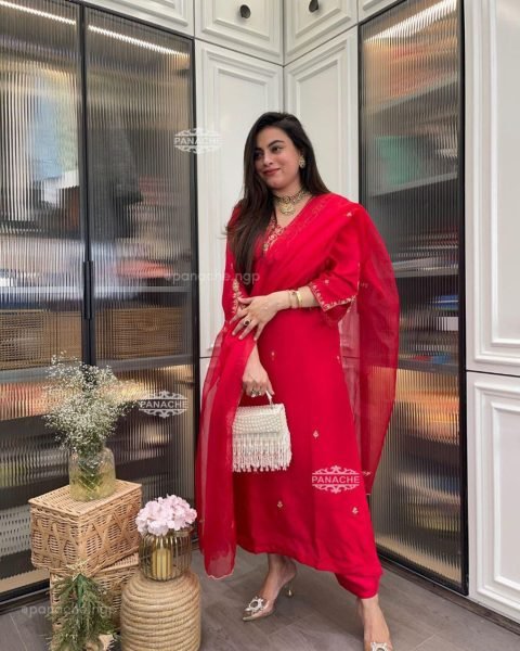  Premium Roman Silk Kurti  with Organza Silk  Embroidery work  Dupatta for Weddings & Parties 3 Piece Kurti Set