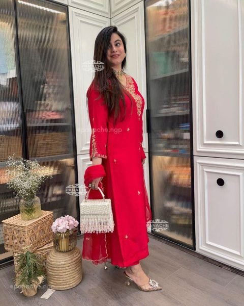  Premium Roman Silk Kurti  with Organza Silk  Embroidery work  Dupatta for Weddings & Parties 3 Piece Kurti Set