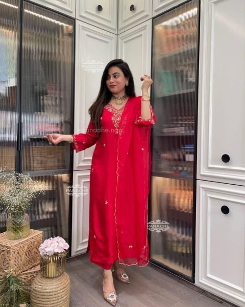  Premium Roman Silk Kurti  with Organza Silk  Embroidery work  Dupatta for Weddings & Parties 3 Piece Kurti Set