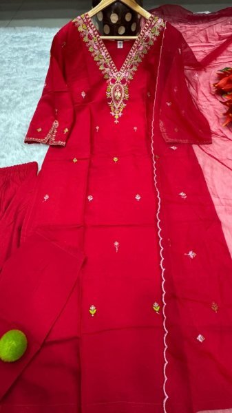  Premium Roman Silk Kurti  with Organza Silk  Embroidery work  Dupatta for Weddings & Parties 3 Piece Kurti Set