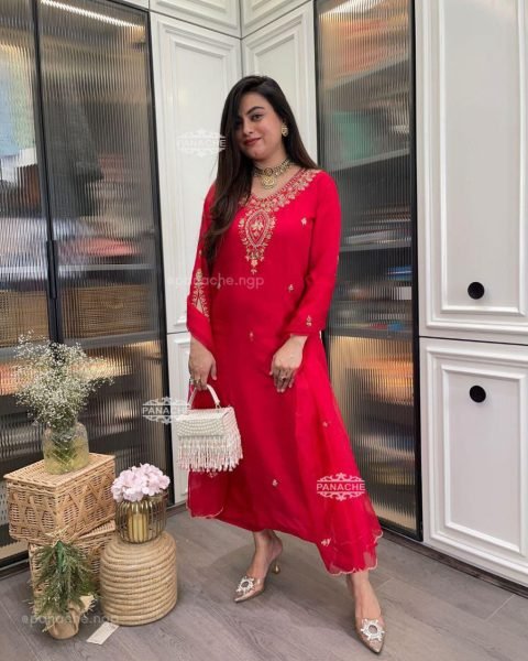  Premium Roman Silk Kurti  with Organza Silk  Embroidery work  Dupatta for Weddings & Parties 3 Piece Kurti Set