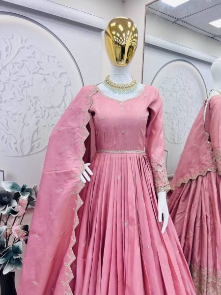 Blush Pink Embroidered Gown with Handwork Dupatta Perfect for Weddings Anarkali Kurtis 