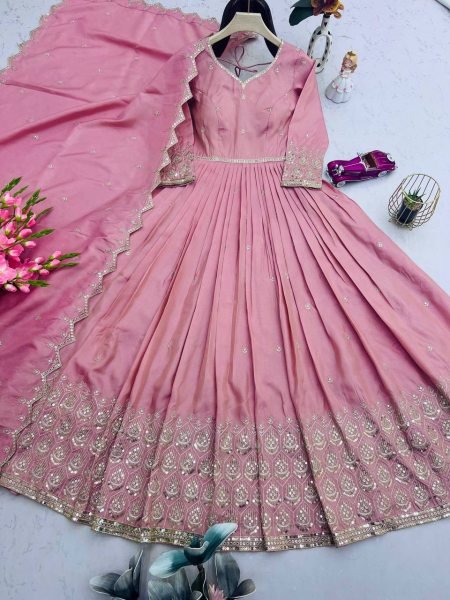 Blush Pink Embroidered Gown with Handwork Dupatta Perfect for Weddings Anarkali Kurtis 