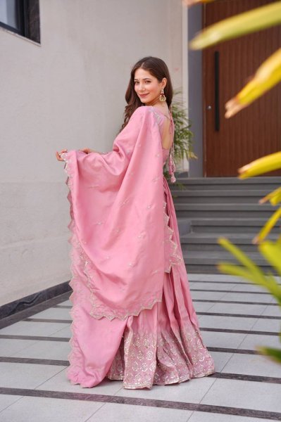 Blush Pink Embroidered Gown with Handwork Dupatta Perfect for Weddings Anarkali Kurtis 
