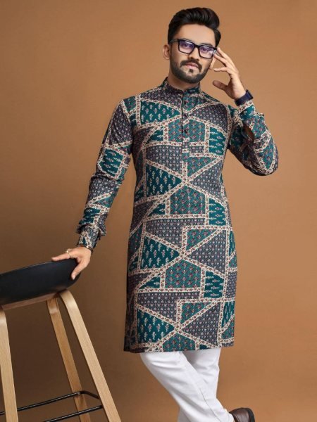Premium Soft Cotton Foil Printed Mens Kurta Pajama for Festival Collection Mens Wear