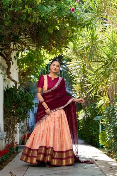 Premium South Indian Zari Checks Half Saree Lehenga Choli Set Readymade Wedding Wear with Embroidered Georgette Dupatta Elegant Look Half Saree Lehenga