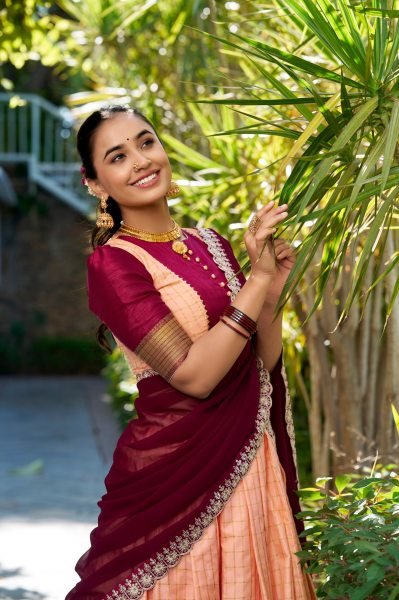 Premium South Indian Zari Checks Half Saree Lehenga Choli Set Readymade Wedding Wear with Embroidered Georgette Dupatta Elegant Look Half Saree Lehenga