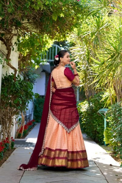 Premium South Indian Zari Checks Half Saree Lehenga Choli Set Readymade Wedding Wear with Embroidered Georgette Dupatta Elegant Look Half Saree Lehenga