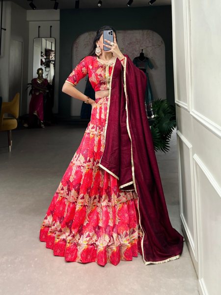 premium Stitched Red Tussar Silk  Lehenga Choli  with Printed Work  Lehenga