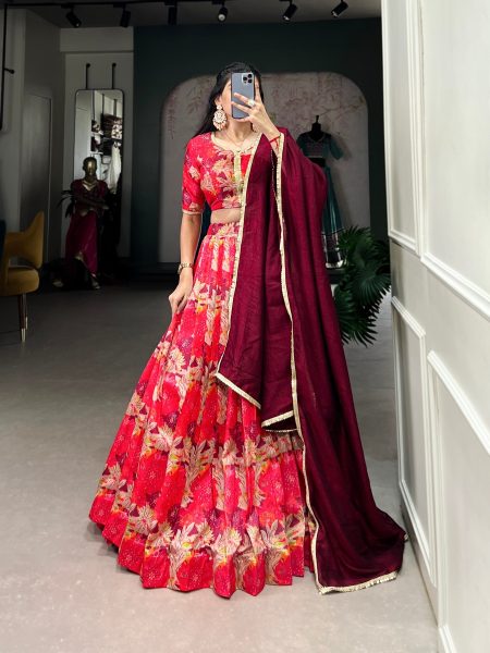 premium Stitched Red Tussar Silk  Lehenga Choli  with Printed Work Designer Lehenga Choli