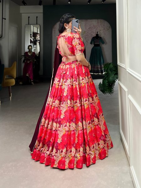 premium Stitched Red Tussar Silk  Lehenga Choli  with Printed Work Designer Lehenga Choli