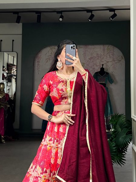 premium Stitched Red Tussar Silk  Lehenga Choli  with Printed Work Designer Lehenga Choli