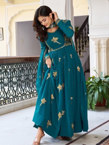 Premium Teal Faux Georgette Gown with Golden Embroidery Wedding Exclusive Anarkali Kurtis 
