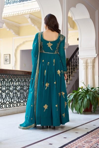 Premium Teal Faux Georgette Gown with Golden Embroidery Wedding Exclusive Anarkali Kurtis 